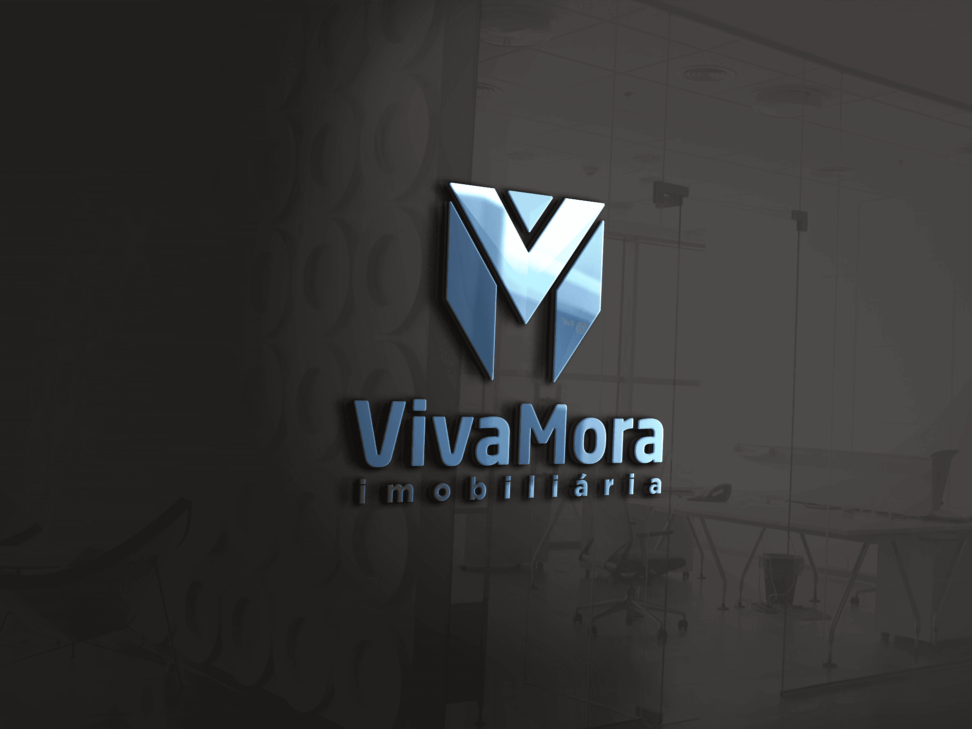 Marca VivaMora em vidro, no escritório da imobiliária